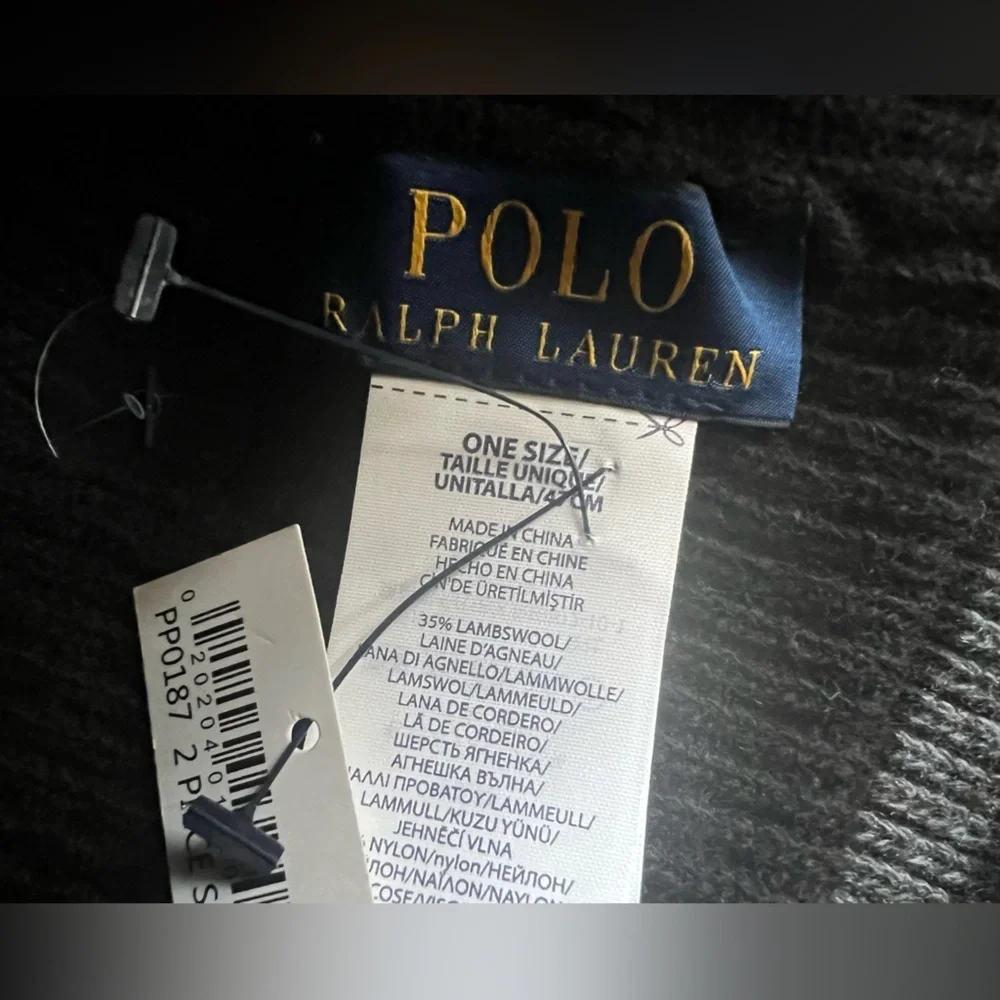 New Polo by Ralph Lauren Scarf and Hat Set in Gray and Black NWT